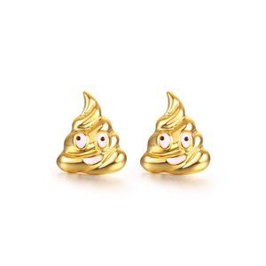 Funny Gold Smiley Face Poop Emoji Stud Earrings NEW